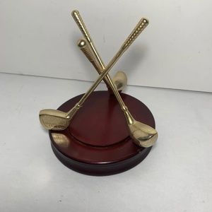 Bard’s Accents Gold Toned Golf Ball Holder Desk Wood Stand Golfing Driver Clubs